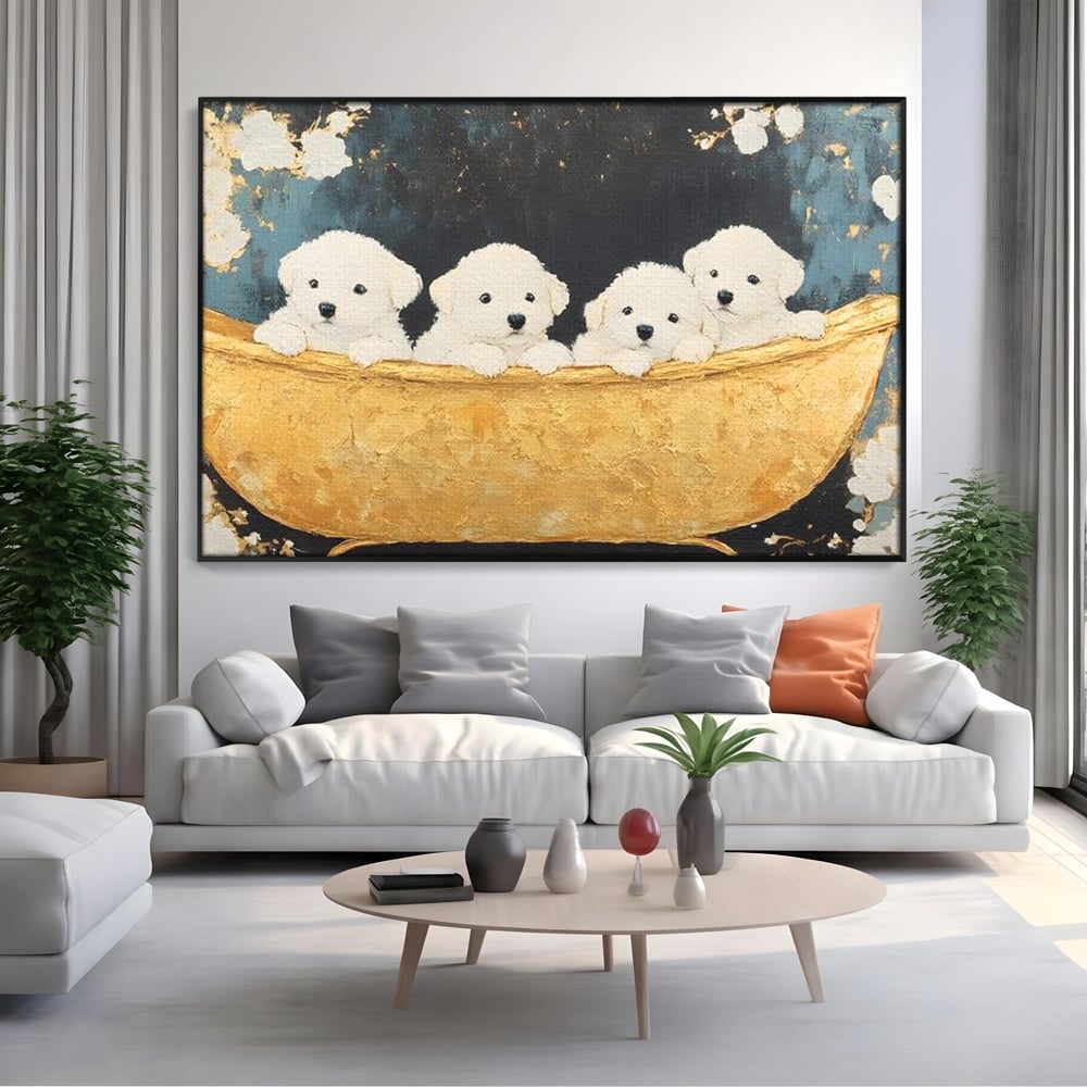 Tablou canvas cu tablou canvas cu catei in cada, in rama de aluminiu negru, pe perete intr-un living